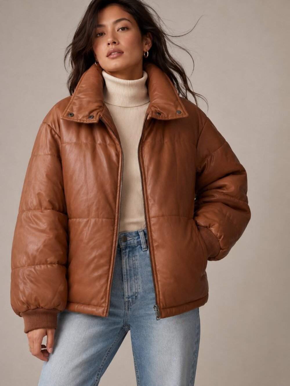 By Anthropologie Faux Leather Puffer Jacket Brown High Neck Oversized 2X